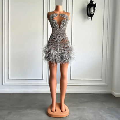 Stunning Sparkly Luxury Diamond Women Birthday Party Cocktail Gowns Sexy Sheer Pink Feather Mini