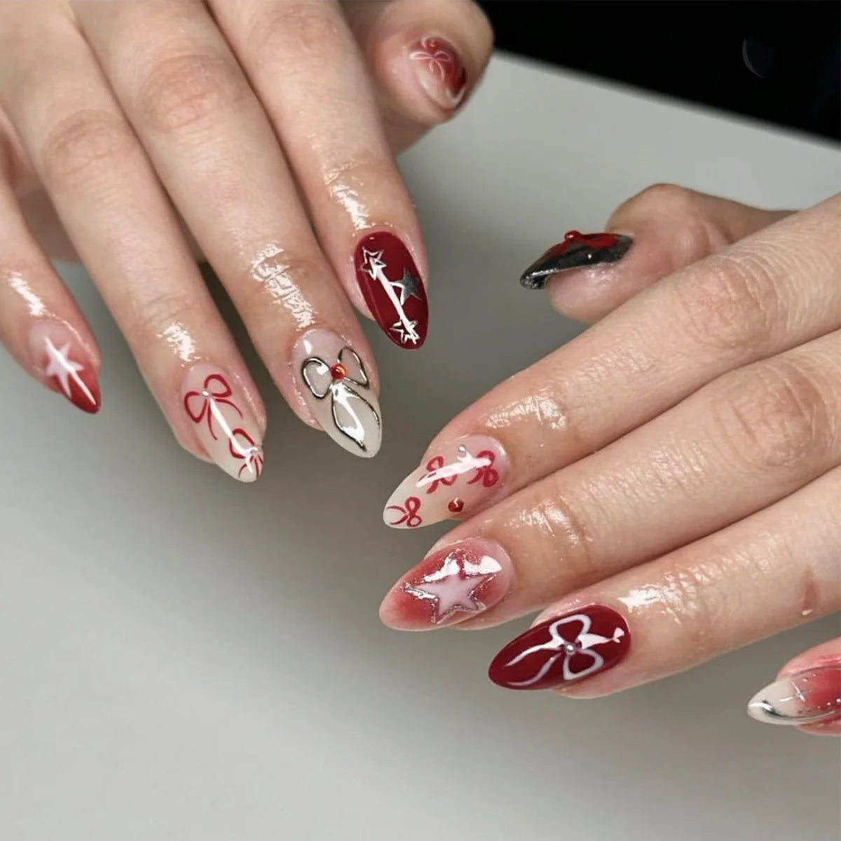 Ramadan Style False Nails with Gold Moon Star Design Almond Red French
