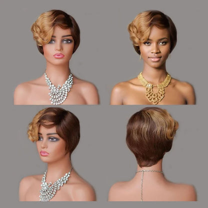 Ombre Color Short Layered Pixie Cut Human Hair Wigs With Bangs,Full Machine Made For Black Women Honey Blonde Wig 1B/27