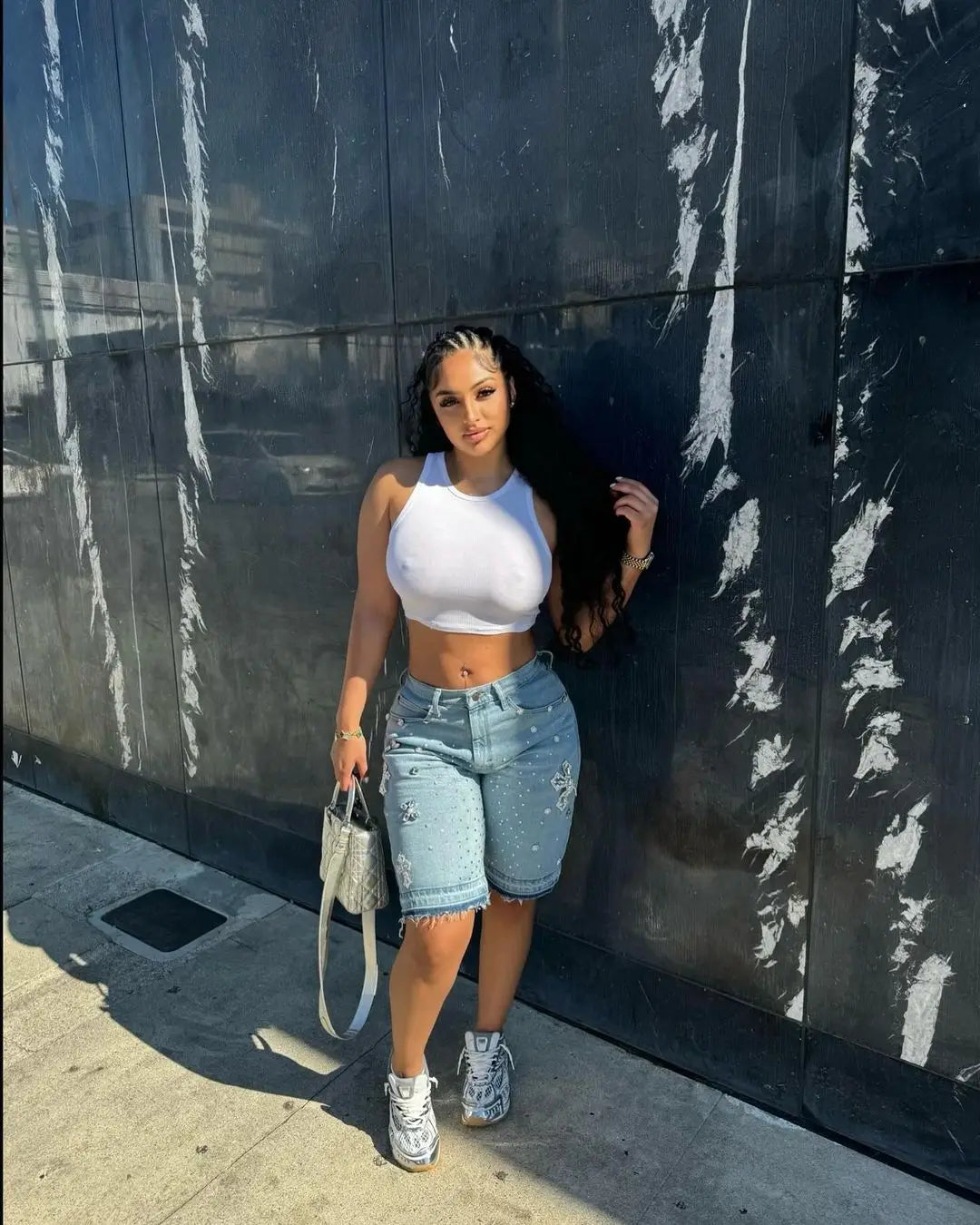 Hip Hop Rhinestones Graphical Baggy Jeans Blue Streetwear Y2k Gothic Shorts