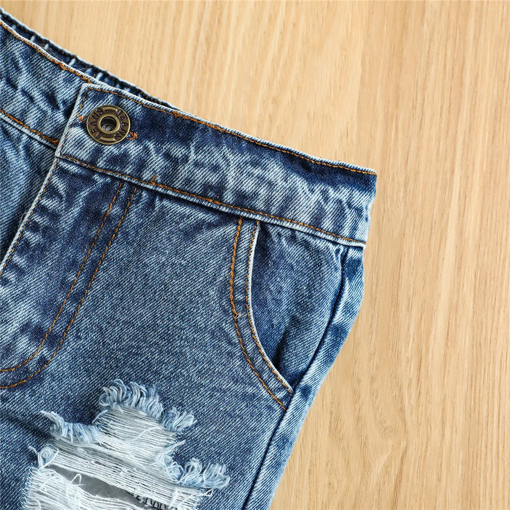 Infant Baby Toddler Boys Summer Outfit Set Round Neck Sleeveless Letter Print Tank Tops with Ripped Denim Shorts 3M-3T