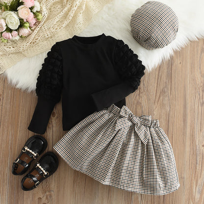 Autumn New Children's Round Neck Top+Bow Plaid Short Skirt+Hat Three Piece Children's Fashion Set