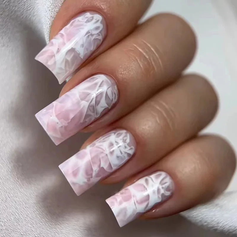 24Pcs Mid-length Ballet False Nails with White Wave Line Design Pink French Press on Nails Wearable Coffin Full Cover Fake Nail