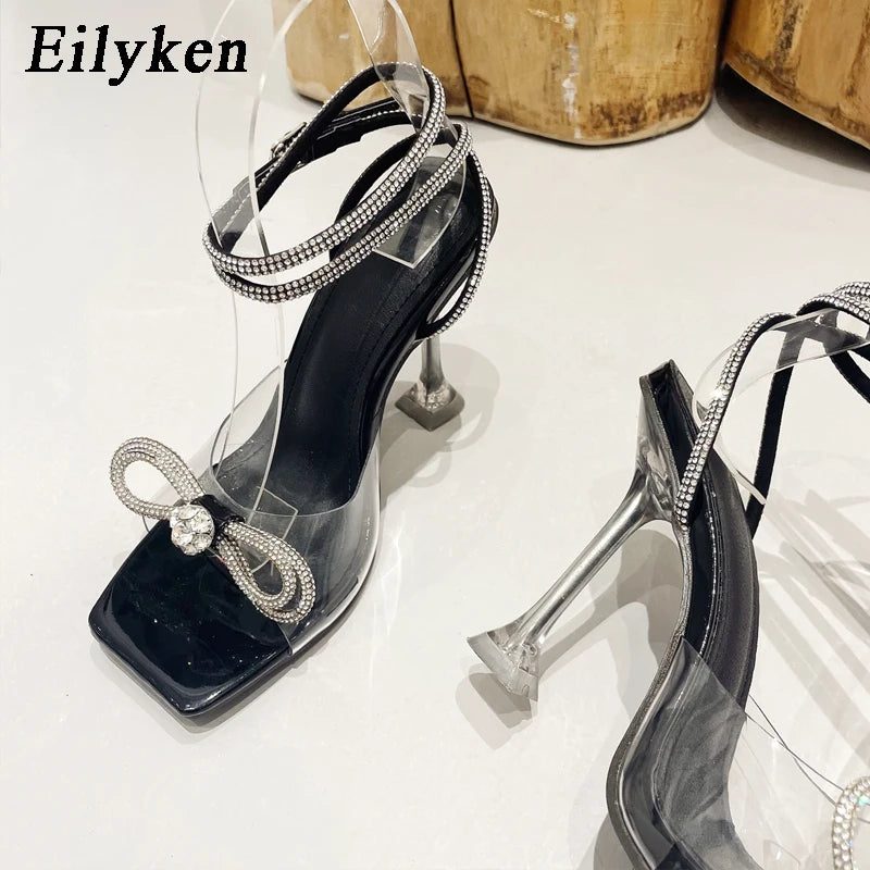 CRYSTAL Rhinestone Butterfly-knot Transparent Square Toe Women Sandals 2025