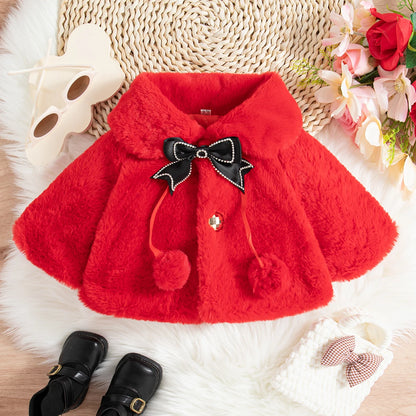 Winter New Sweet Black Bow Baby Girl Coat, Korean Style Warm And Beautiful Children'S Clothing For 6-24 Months
