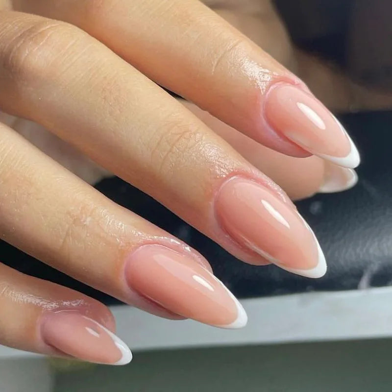 24Pcs Short Square Nude Fake Nails Art White Edge Glossy Artificial French False Nails Removable Full Cover Press on Nail Tips