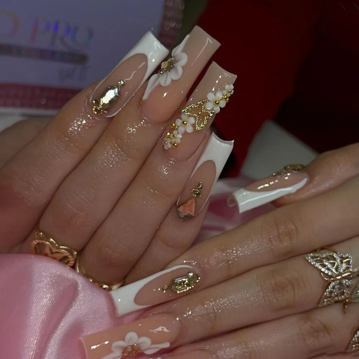 24Pcs Leopard Print Design False Nails with Bow Rhinestone Long Square Press on Nails Wearable French Ballet Fake Nail Tips