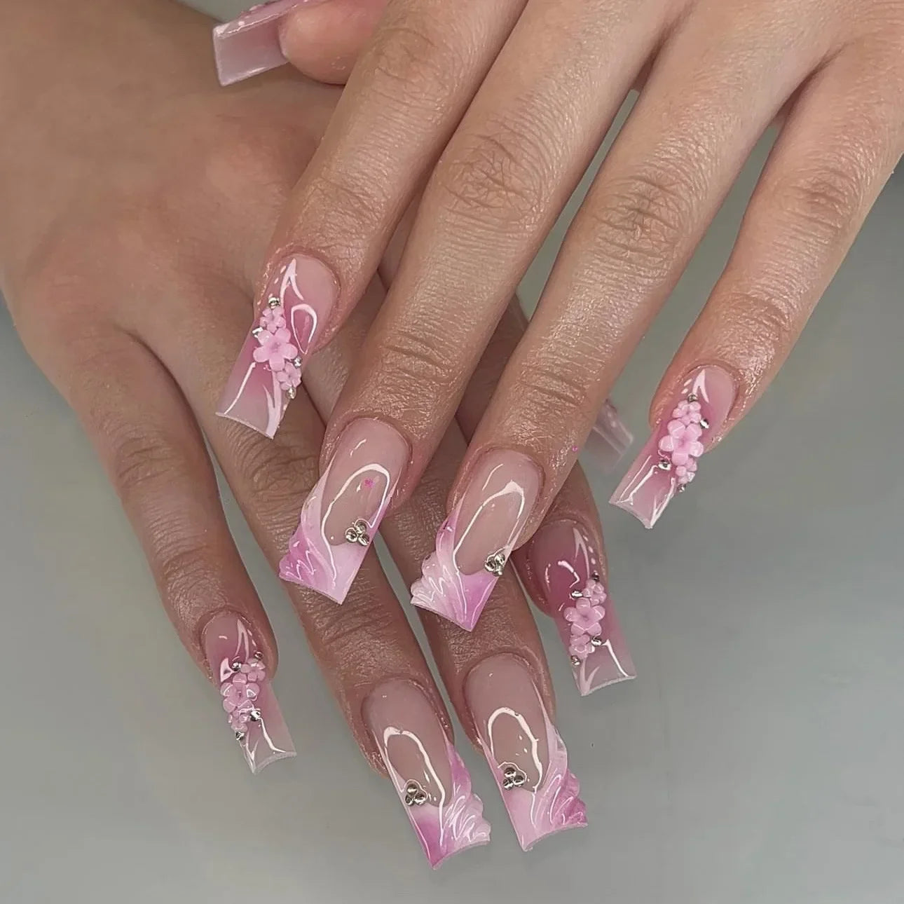 24Pcs White Butterfly False Nails Long Ballet Coffin Pearls with French Design Wearable Fake Nails Full Cover Press on Nail Tips