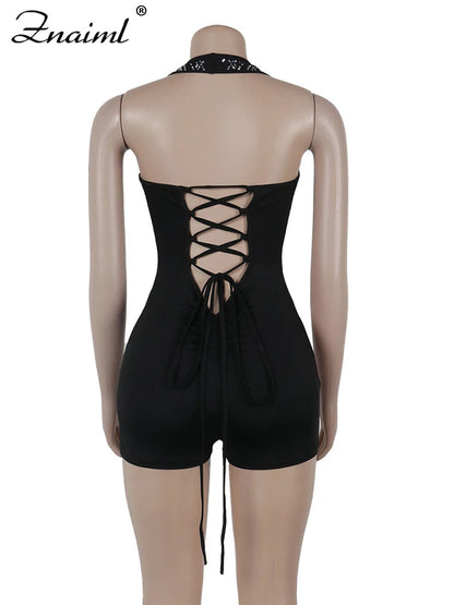 Gorgeous Deep V Neck Rhinestone Halter Bandage Playsuits Women Crystal Short Jumpsuits Rompers