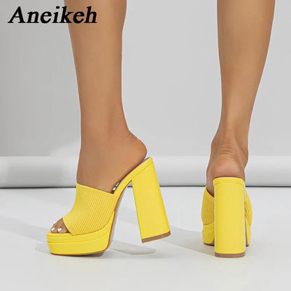 Aneikeh Sexy Knitted Woolen Chunky Platform Sandal Heels Women's Peep Toe High Heel