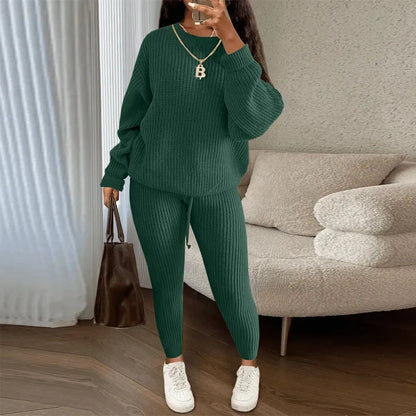 Winter Two Piece Sets Women Clothing Autumn Fashion Casual Solid Round Neck Pullover Loose Pit Knitted Sweater Pants Suits