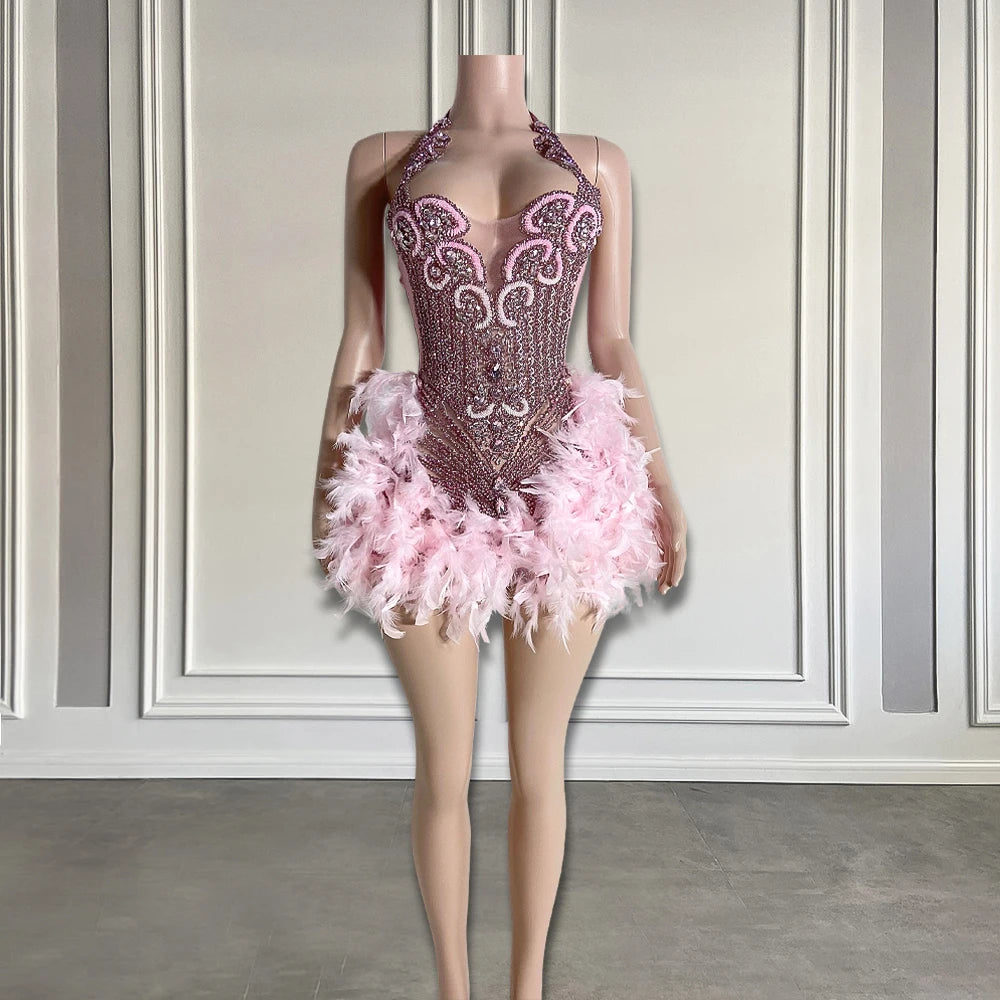 Luxury Rhinestone Black Girls Short Prom Dresses See Through Red Diamond Feathers Dress