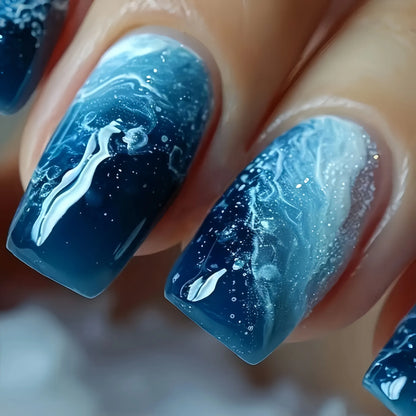 24pcs/set short square Glossy Medium Ballerina Fake Nails jellyfish blue sea wave flowers geometric design press on false nail
