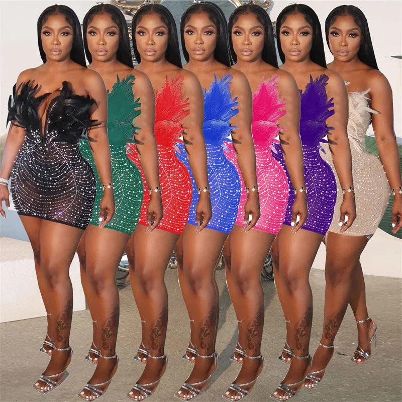 Feathers Rhinestones Backless Diamond Sheer Mesh Bodycon Dress