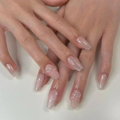 24Pcs Medium Short Square False Nails Glittering Nail Art White Wearable Fake Nail Silver French Full Cover Press on Nail Tips