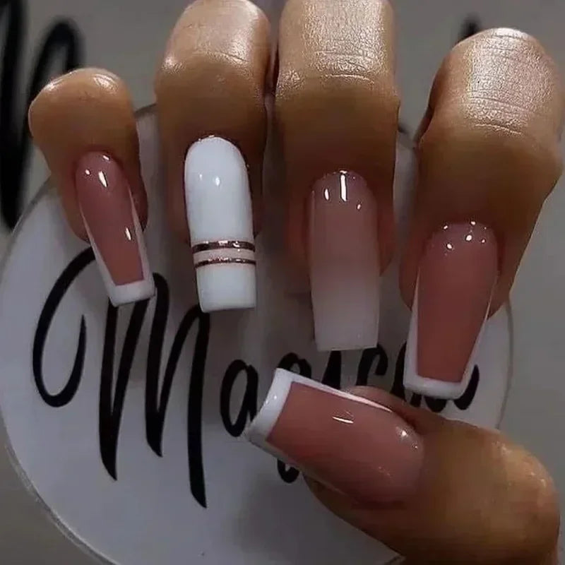 24Pcs White French False Nails Long Ballet Fake Nail with Pearl Bow Flower Design Press on Nails Pink Wearable Square Nails Set