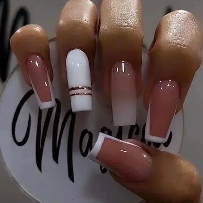 24Pcs White French False Nails Long Ballet Fake Nail with Pearl Bow Flower Design Press on Nails Pink Wearable Square Nails Set
