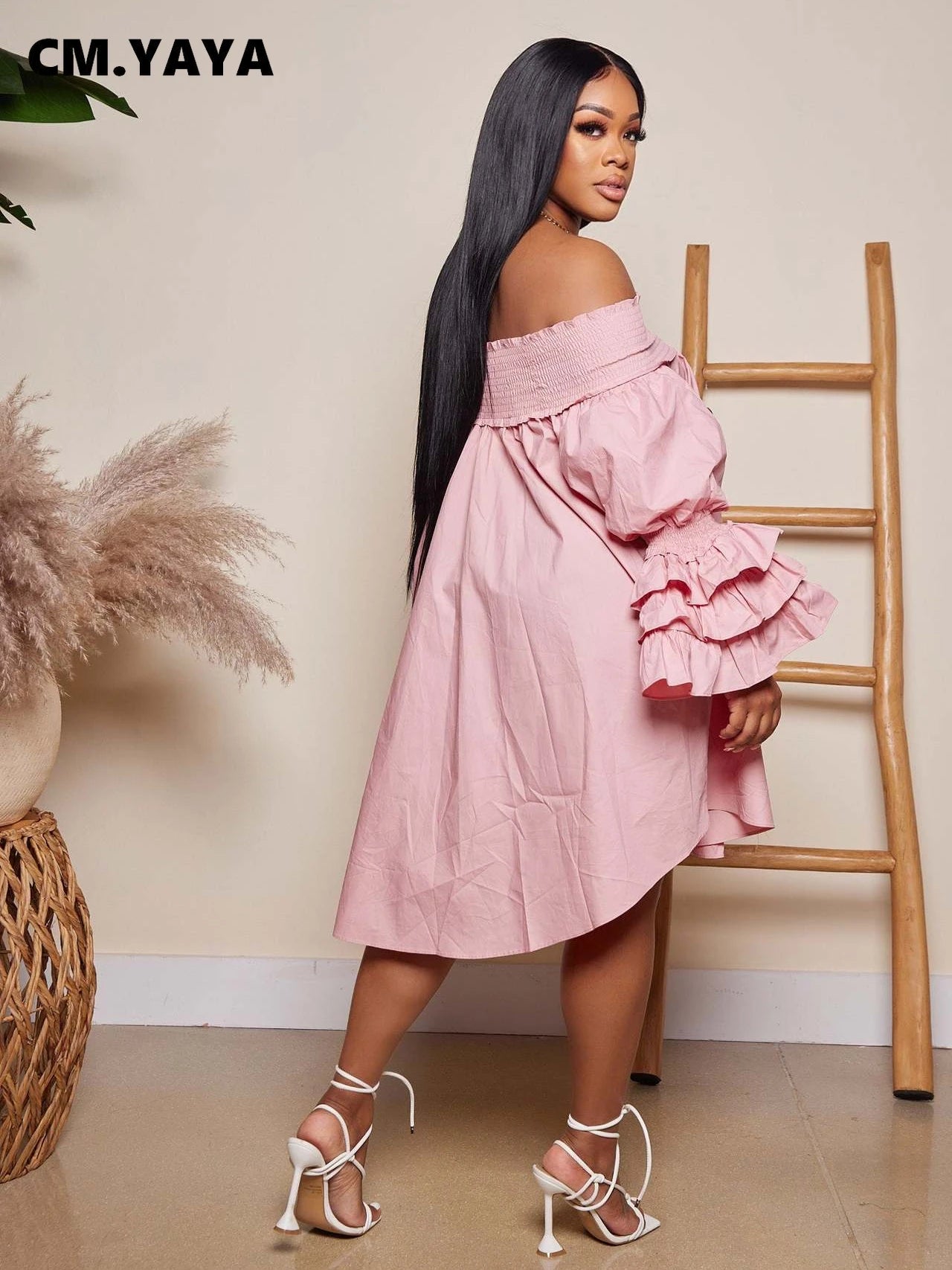 Chic Women Cascading Ruffles Petal Off Shoulder Long Sleeve Smock Dress Big Swing Loose Blouse