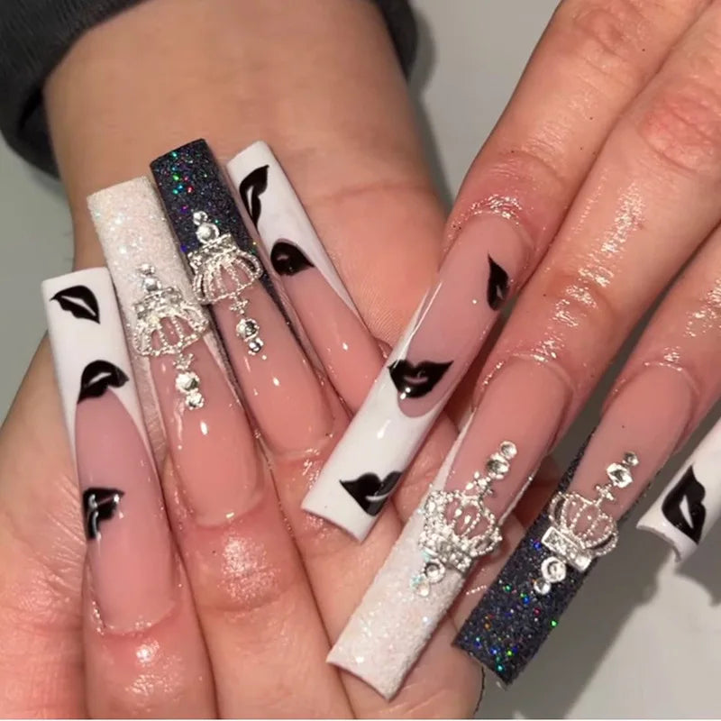 24Pcs Coffin False Nails with Butterfly Design Long Ballet Fake Nails Black French Press on Nails Wearable Manicure Nail Tips