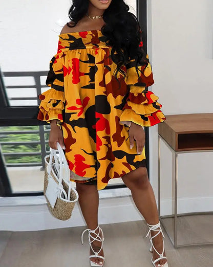 Chic Women Cascading Ruffles Petal Off Shoulder Long Sleeve Smock Dress Big Swing Loose Blouse