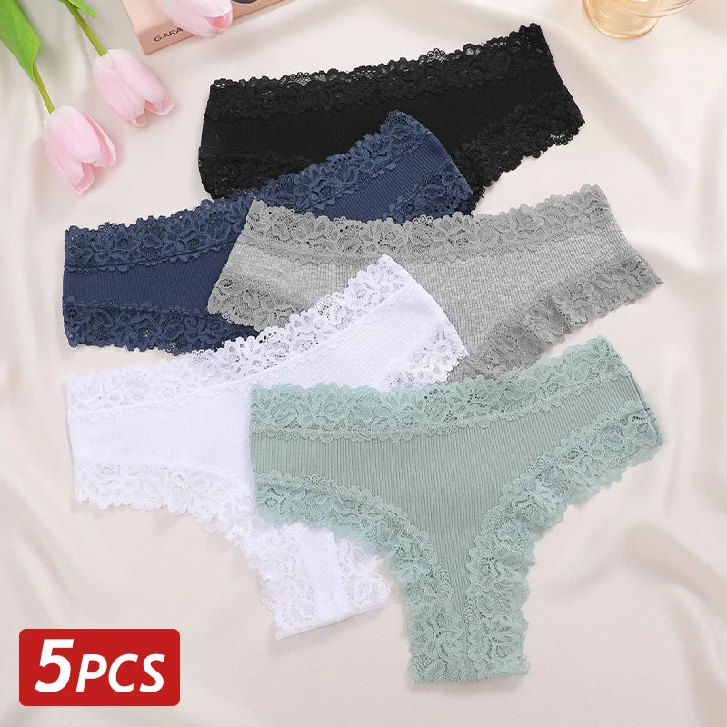 5PCS/Set Women Cotton Panties Sexy Lace Brazilian Panties Low Waist Elastic Thongs Female Comfortable Underwear Solid Color S-XL