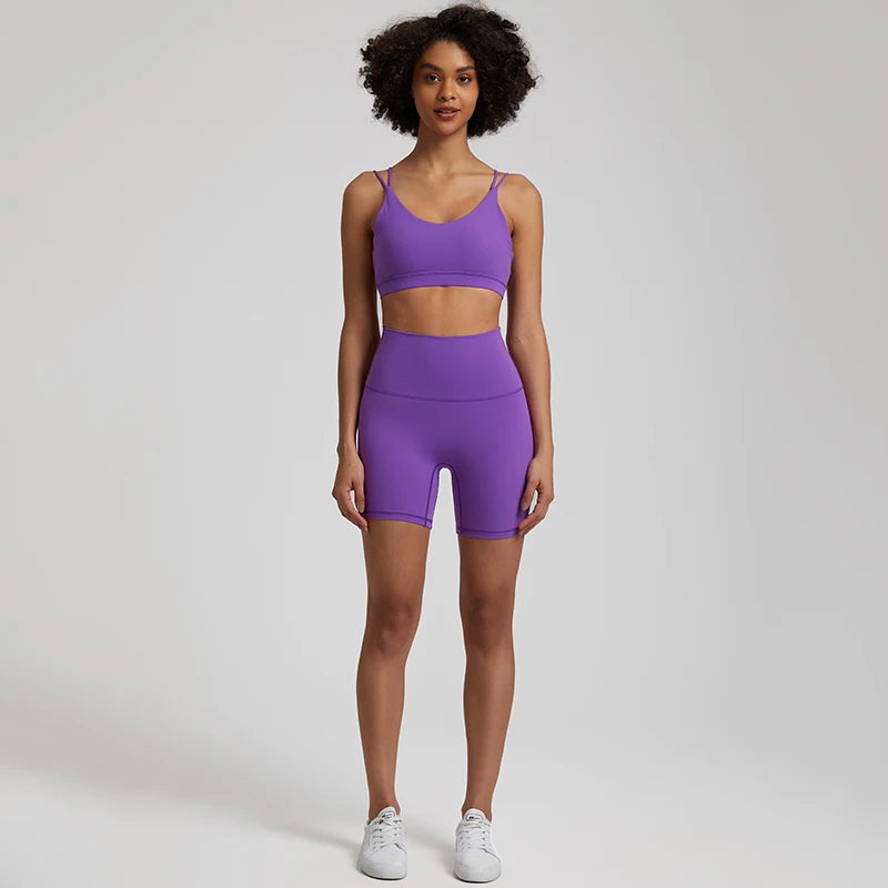 Naked Feel Gym Set Women Clothes High Waist Yoga Shorts and Strappy Sports Bra