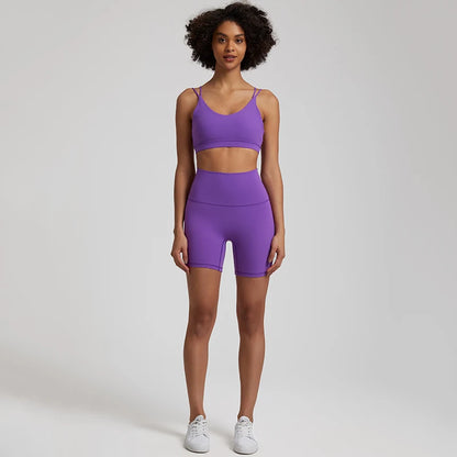 Naked Feel Gym Set Women Clothes High Waist Yoga Shorts and Strappy Sports Bra