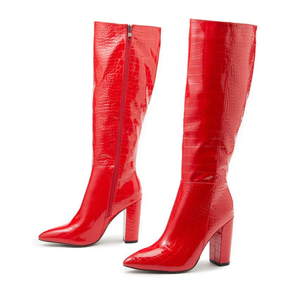 Aneikeh Women's Pointed Thick Heels Knee Long Boots Spring/Autumn Patent Leather Crocodile Pattern Panel Side Zipper Boots
