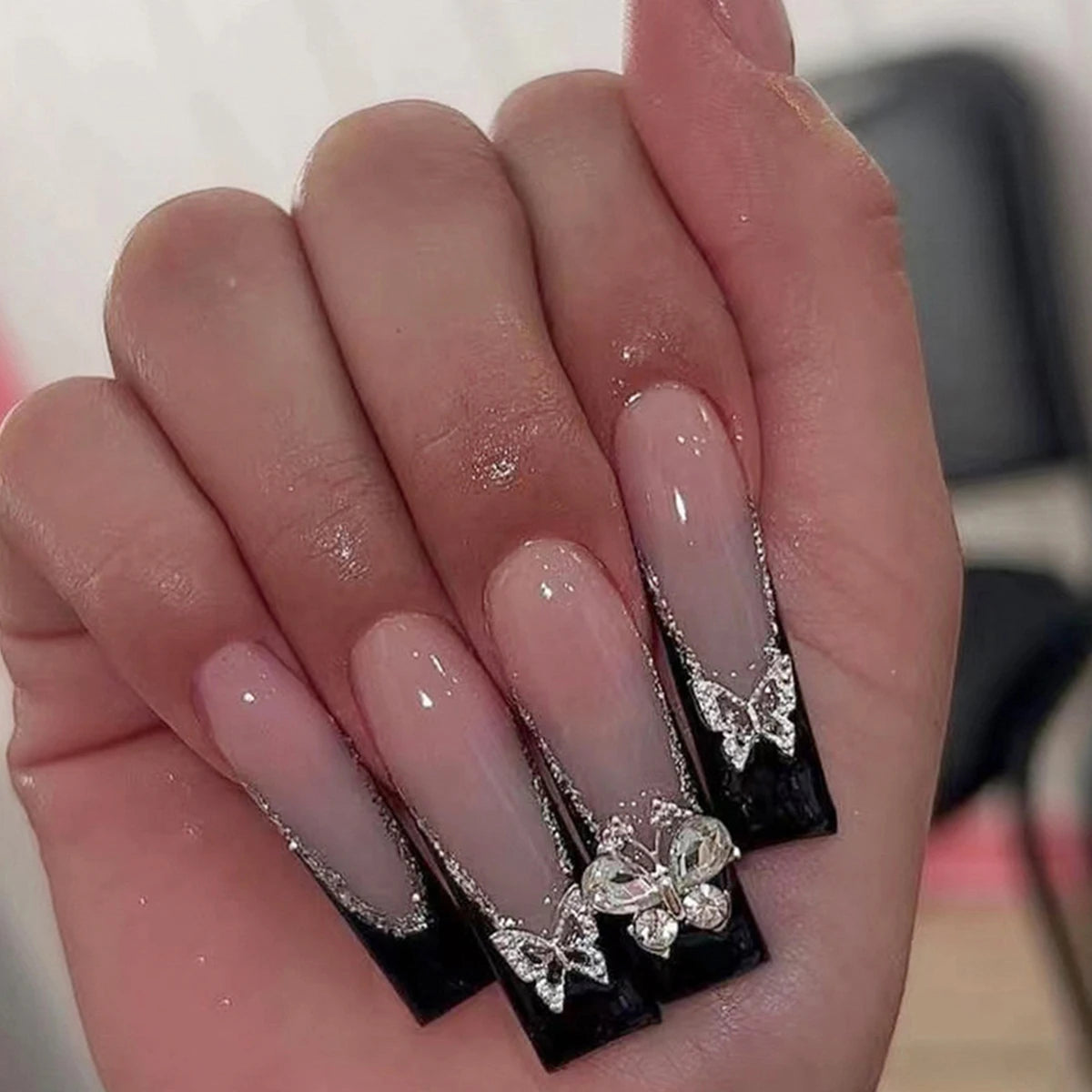 Luxury Ladies 24Pcs/Set Super Long Square French Leopard Print Pink Bow Heart Decoration Wearable Fake Nail  Press on Nail Art