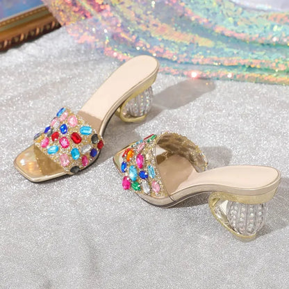 Aneikeh Shiny Colored rhinestone Sandals Slippers Women Transparent Thick Bottom Party Dress Mules High Heels 2025 Summer heeled