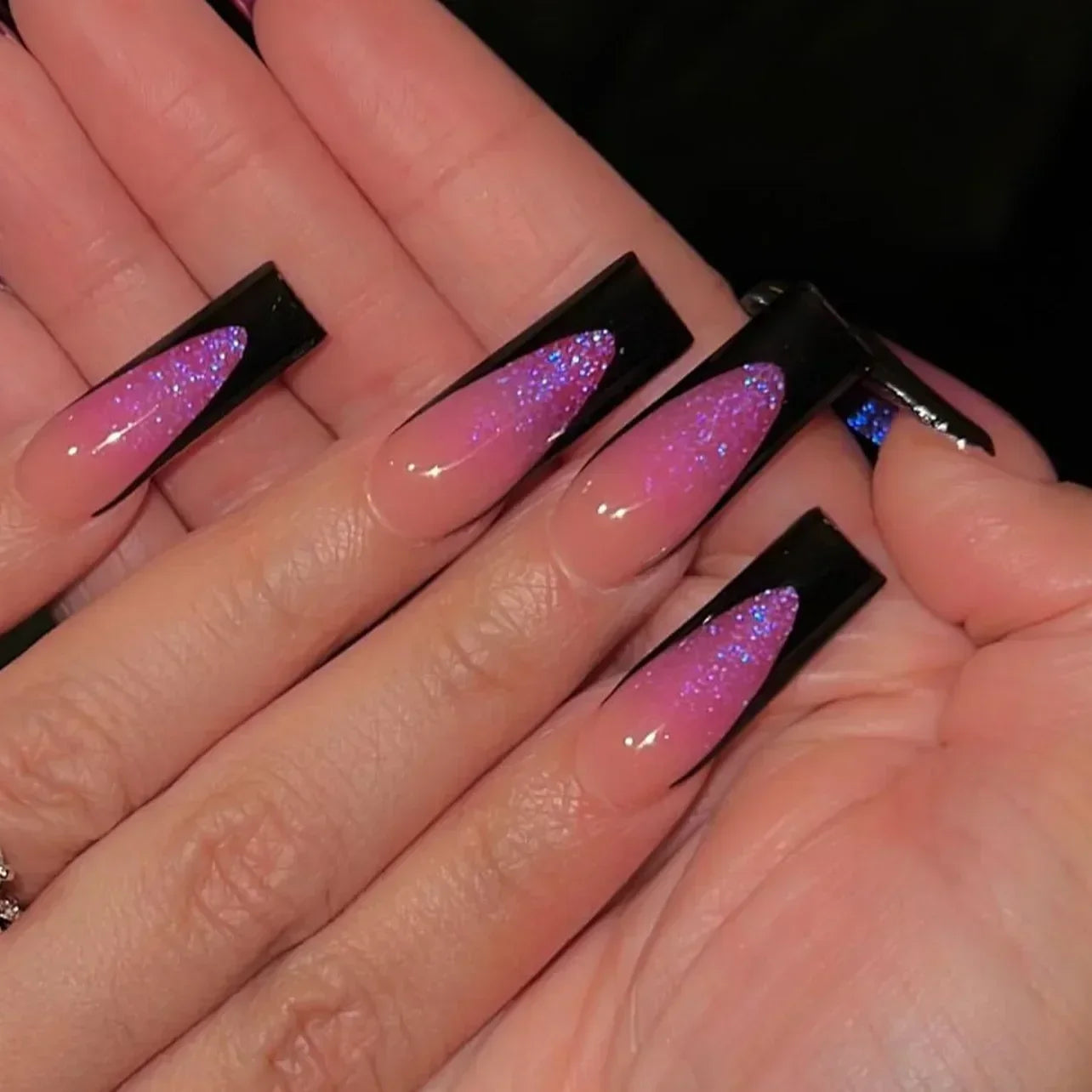 24Pcs Full Cover False Nails with Glue Long Square Coffin Fake Nails French Detachable Ballet Love Pattern Design Press on Nails