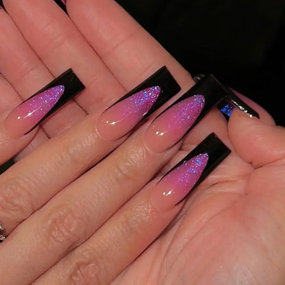 24Pcs Full Cover False Nails with Glue Long Square Coffin Fake Nails French Detachable Ballet Love Pattern Design Press on Nails