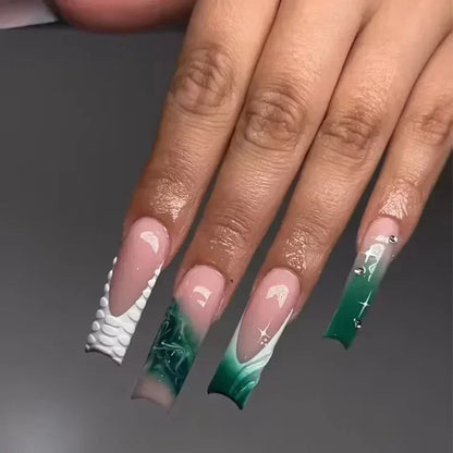 24Pcs Gradient Long Coffin False Nails with Green Rhinestones Design Black Square French Full Cover Press on Nail Tips for Girls