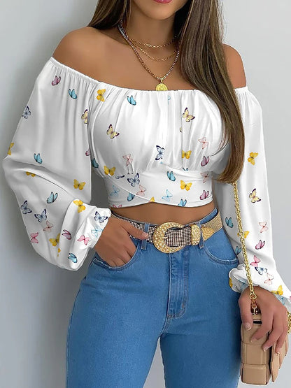 Elegant Boho Print Blouse Casual Long Lantern Sleeve Off Shoulder
