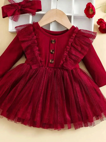 Two-Piece Baby Girl Romantic Small Flying Sleeve Long Sleeve Ruffled Mesh Dress + Bow Headscarf Spring And Autumn