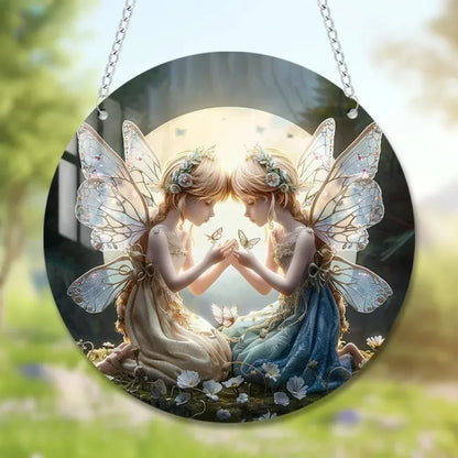 New 1pcs Magical Fairy Magic Night Fairy Suncatcher Stained Glass Acrylic Heart Wall Hanging Home and Garden Outdoor Decorative