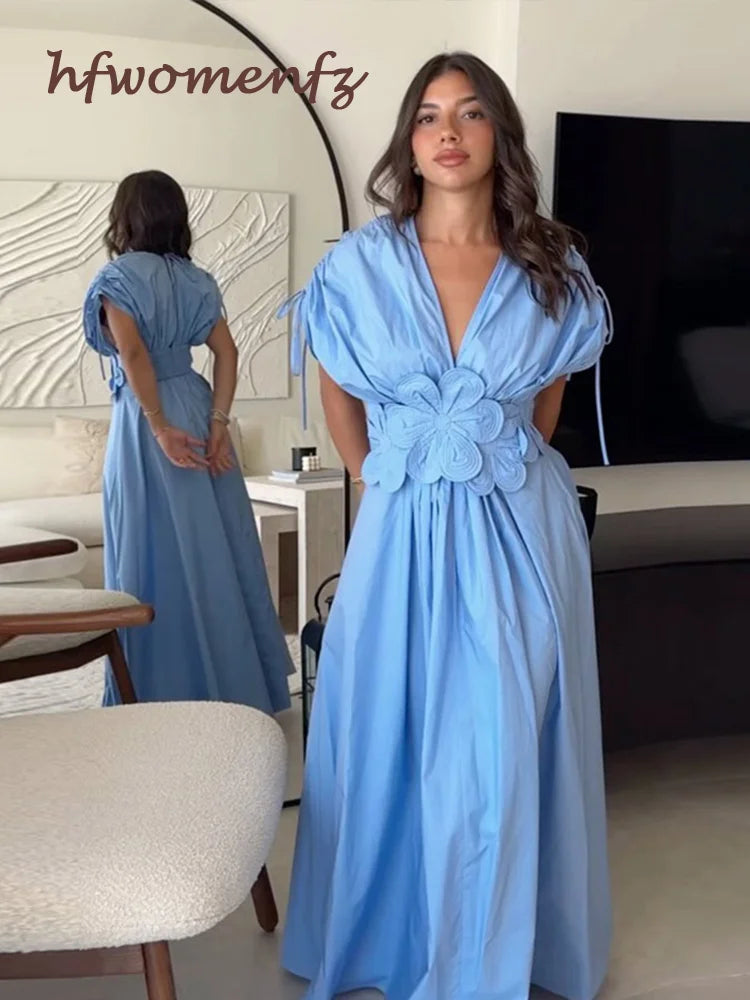 3D Flower Pleated Long Maxi Dress