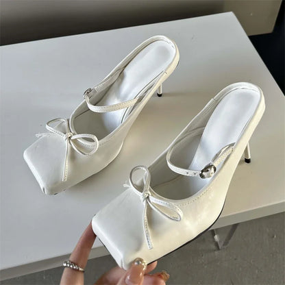 Eilyken New Design Bowknot Square Toe Women Pumps Sexy Buckle Strap Thin High Heels Banquet Prom Mule Slippers Shoes