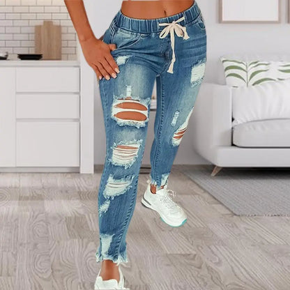 Stretchy Ripped Hole Jeans Women  Straight Denim Trousers High Waist