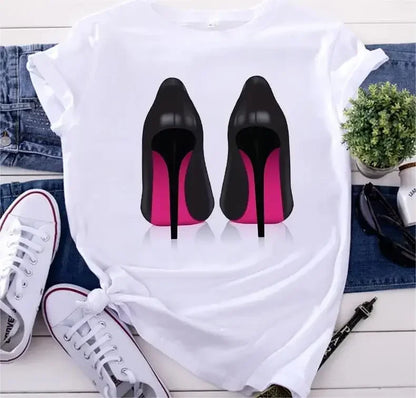 White T Shirt Women Top Casual Tshirt Fashion High Heel Shoes Print Femme Clothing Tshirt Harajuku Short Sleeve Female Tee Shirt
