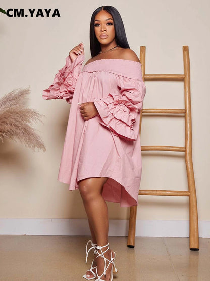 Chic Women Cascading Ruffles Petal Off Shoulder Long Sleeve Smock Dress Big Swing Loose Blouse