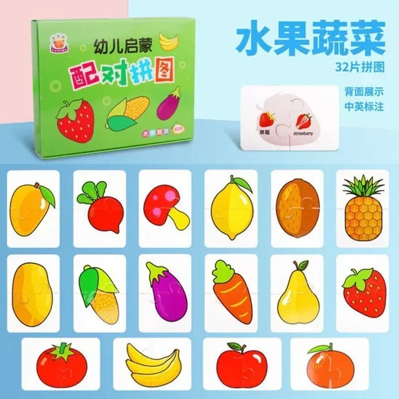 32Pcs Toddler Card Matching Game Baby Cognition Puzzle Toys Montessori Educational Toys Cartoon Vehicle Fruit Jigsaw Game