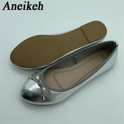 Aneikeh Gold Silver Fashion Flats Luxury Women Ballerinas Round Toe Bowtie Slip on Comfort Loafers Ladies Casual Mules Shoes