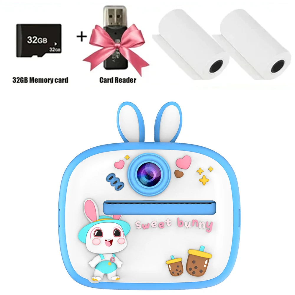 Children Digital Camera Instant Print for Kids Thermal Print Rabbit Camera Instant Photo Printing Camera Video Toys+32G Memory