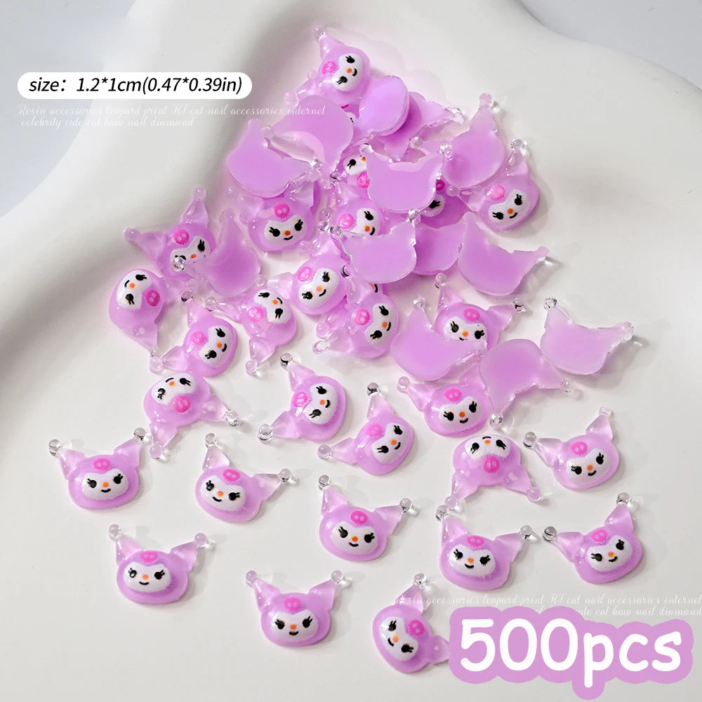 500pcs Cute Sanrio Nail Art Charms 3D Pink Bow Hello Kitty Cinnamoroll Nail Decoration