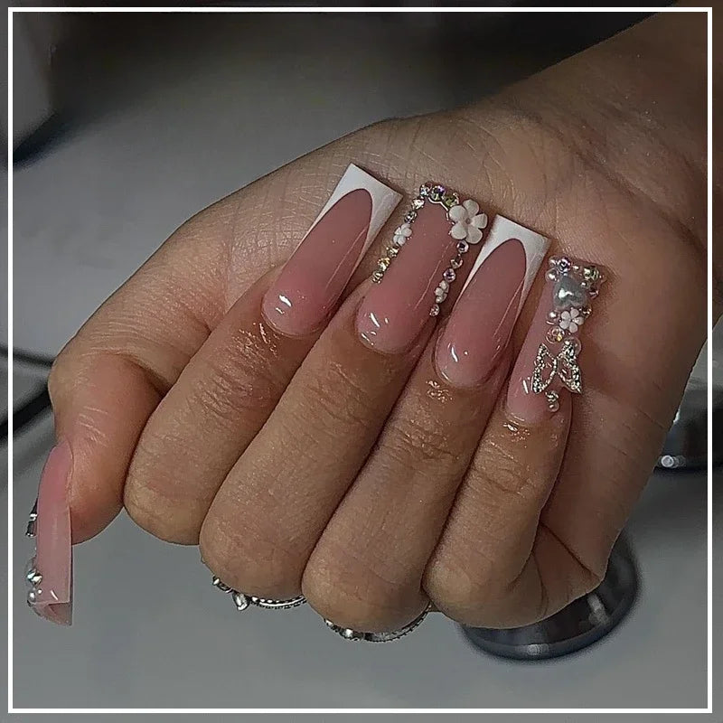 24Pcs White Butterfly False Nails Long Ballet Coffin Pearls with French Design Wearable Fake Nails Full Cover Press on Nail Tips