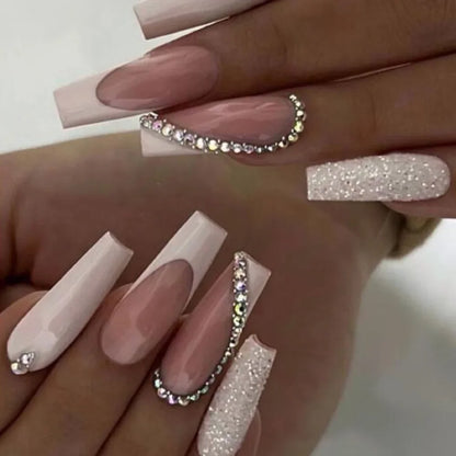 24Pcs Simple White French Press on Nails with Glue Long Ballet False Nails Wearable Coffin Fake Nails Full Cover Nail Tips