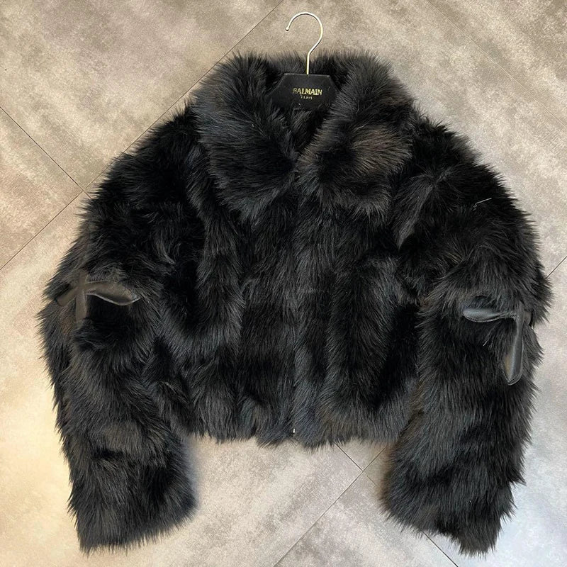 Winter Women Cotton Jacket Lapel Long Sleeve Patch Cross Short Fur Coat Black