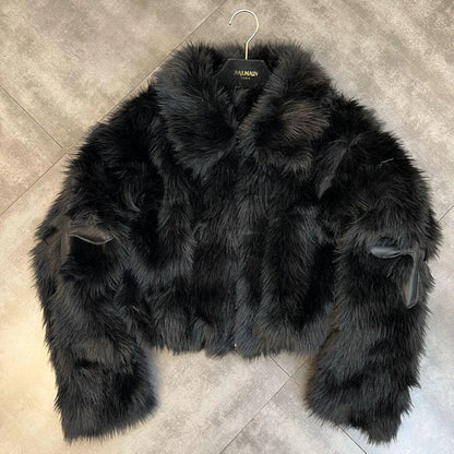 Winter Women Cotton Jacket Lapel Long Sleeve Patch Cross Short Fur Coat Black