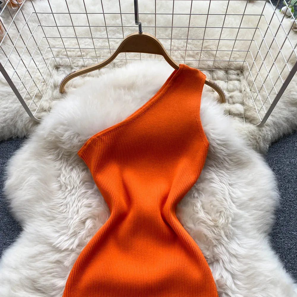 Sexy One Shoulder Knitted Bodycon Mini Dress